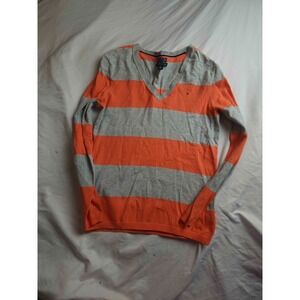 Tommy Hilfiger Sweater Womens Medium Gray Orange‎ Striped Knit Pima Cotton Blend